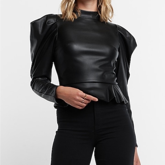 Express Black Faux Leather Puff Sleeve Peplum Top XL - Picture 2 of 12